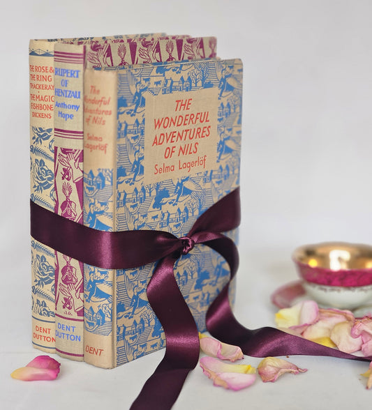 1960s Set of Three Vintage Books / Lovely Decorative Cloth Spines / Wonderful Adventures of Nils, Rupert of Hentzau, Rose & the Ring etc.