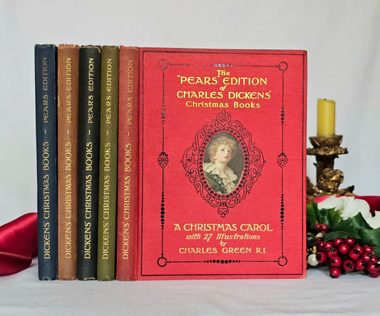 1912 Charles Dickens' Antique 5 Volume Complete Set of Christmas Books / Pears Centenary Edition / A Christmas Carol / Very Good Condition
