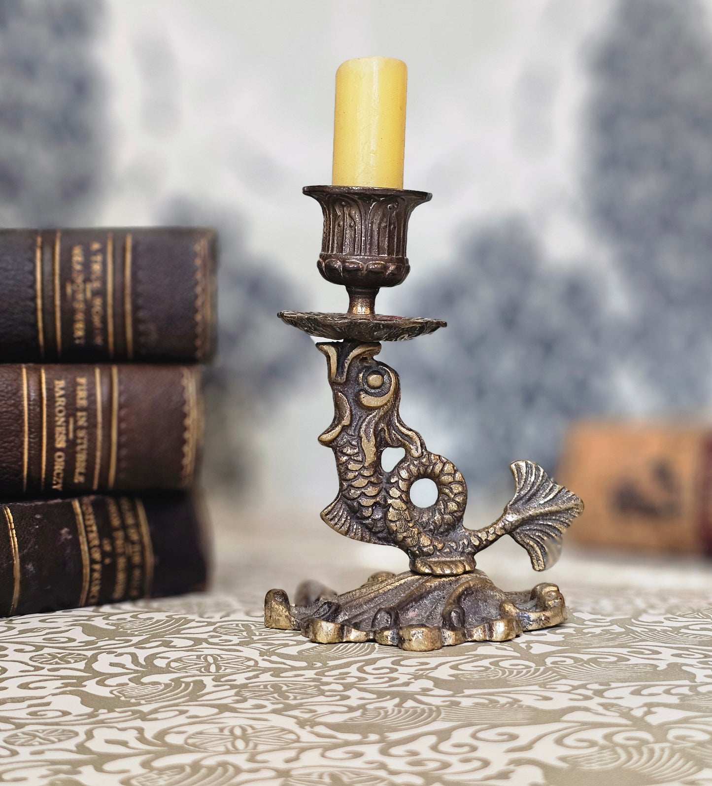 Art Nouveau Antique Brass Fish - Serpent Candlestick / Good Condition / Lovely Aged Patina / Library Nostalgic Era Aesthetic