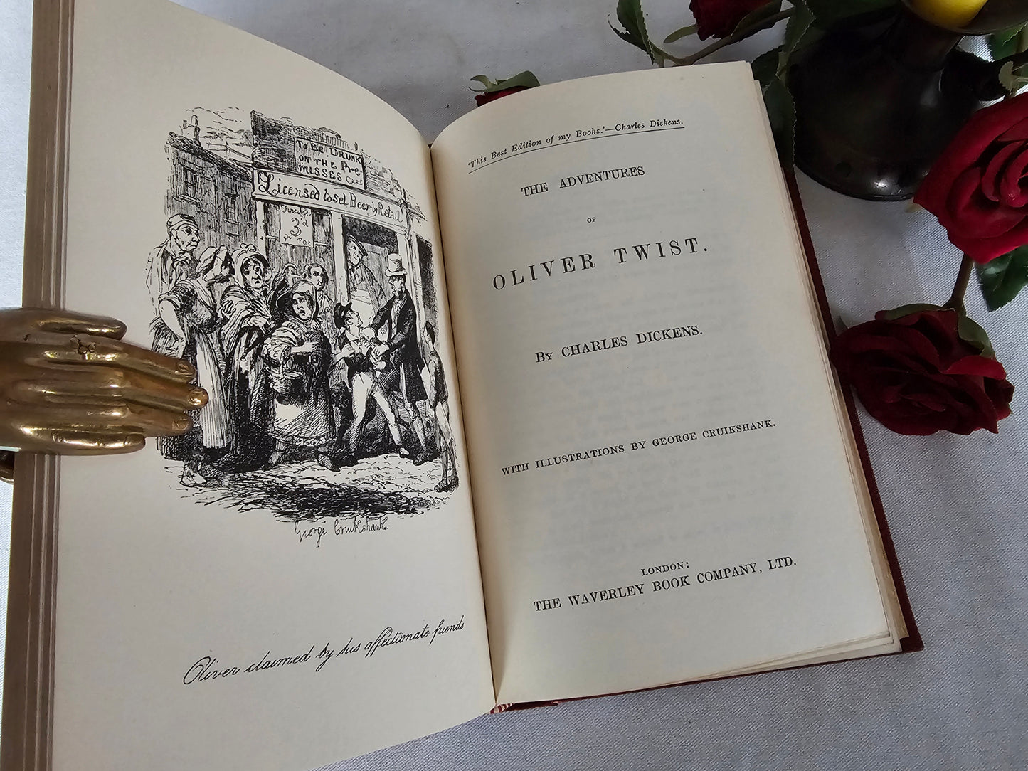 1930s Oliver Twist and Sketches by Boz by Charles Dickens / Vintage Hardback Book in Good Condition / Illustrated / Waverley & Co., London