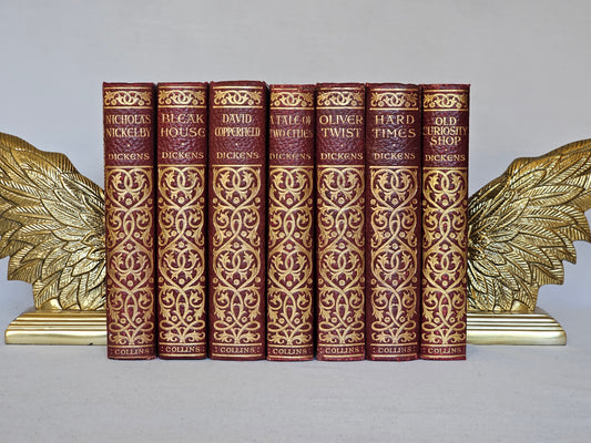 1913 Seven Antique Charles Dickens Novels / A Beautiful Set in Very Good Condition / Richly Illustrated / Gilt Edged Pages / Collins, London