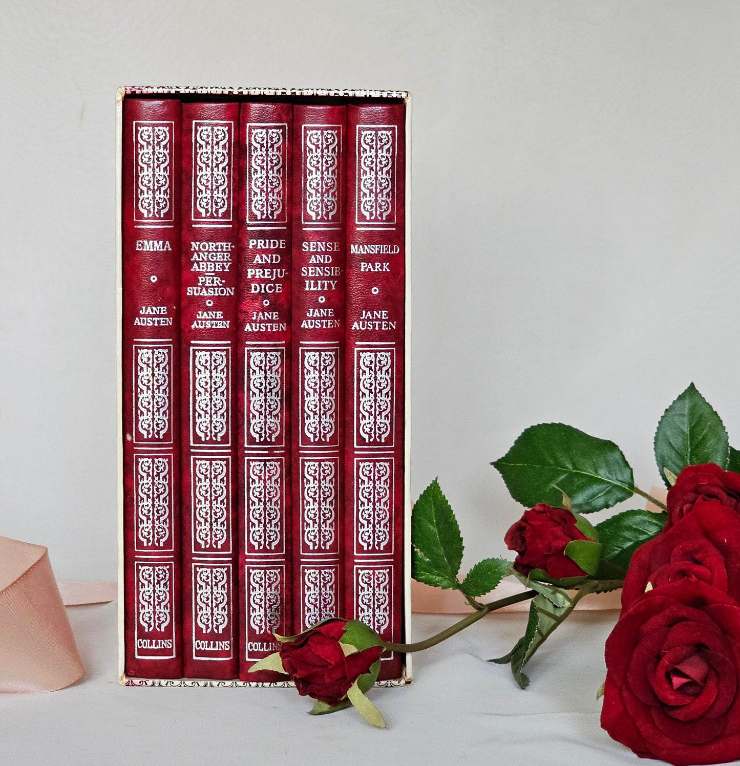 Vintage Jane Austen Box Set of Complete Novels in 5 Volumes / Very Good Condition / Red Faux Leather & Gilt / Pride and Prejudice, Emma etc.