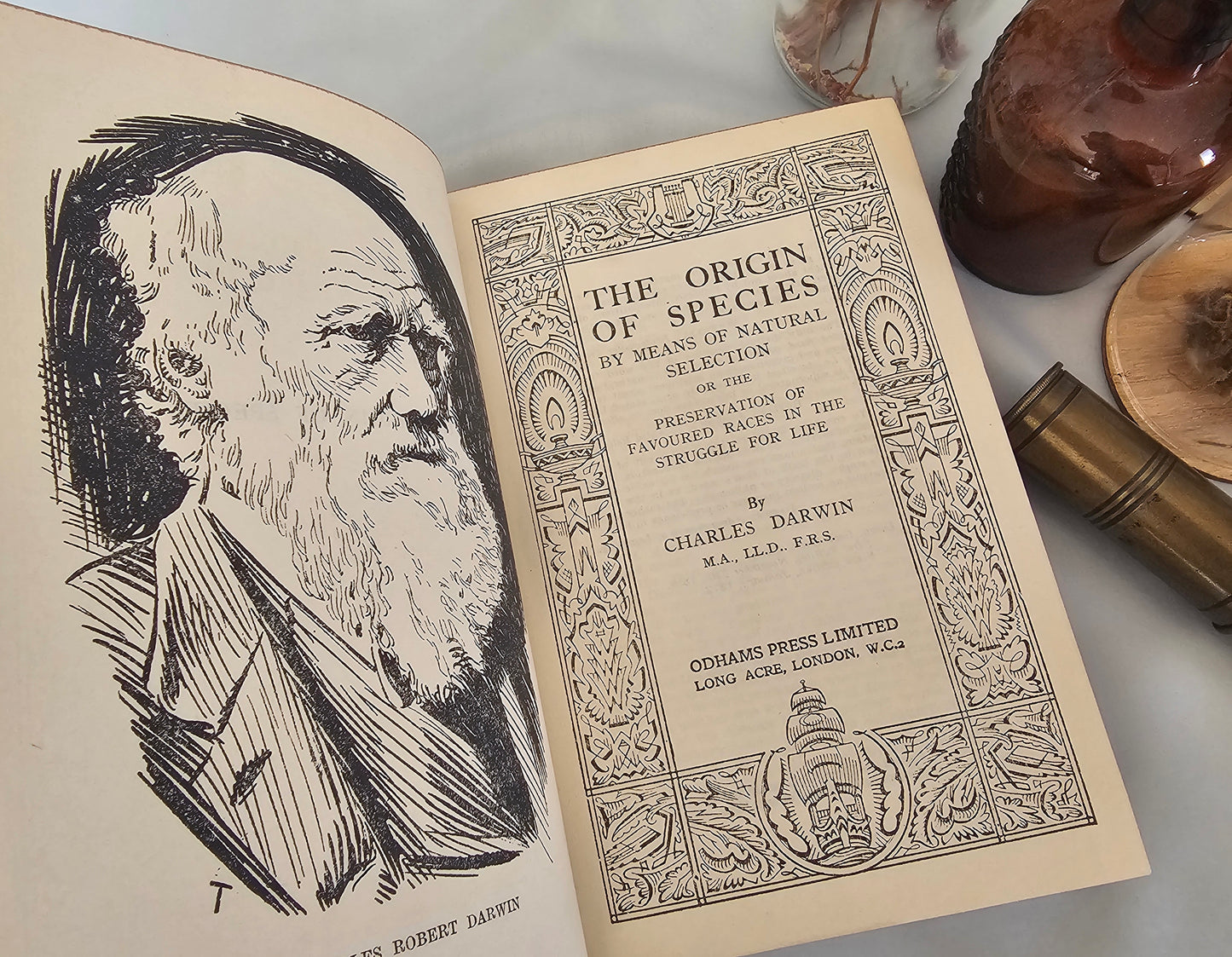 1930s The Origin of Species by Charles Darwin / Odhams Press Ltd / Brown Faux Leather Boards With Gilt Lettering / In Excellent Condition