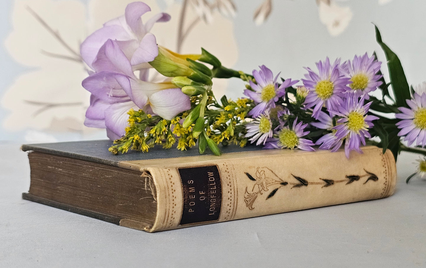 1900s Poems of Henry Wadsworth Longfellow / Walter Scott Publishing, London / Lovely Vellum Decorative Binding / Good Condition