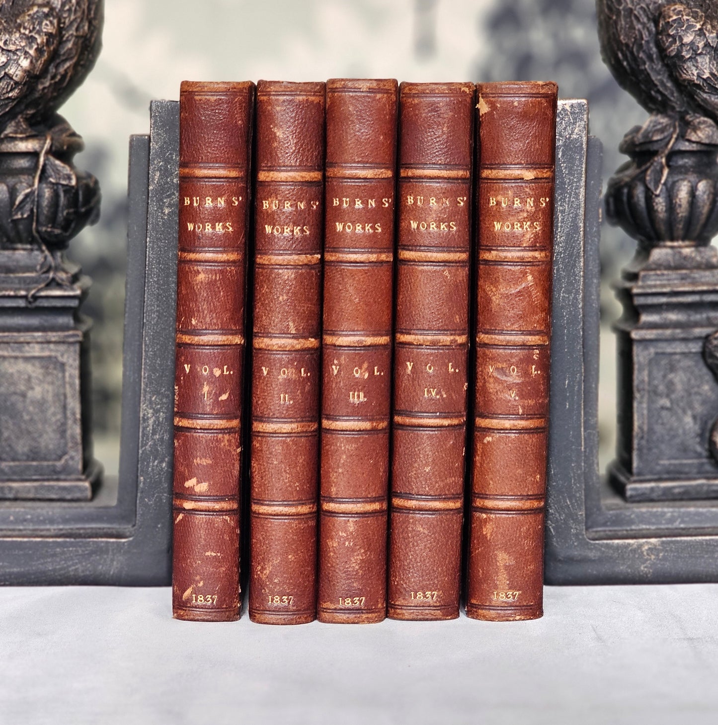 1837 The Works of Robert Burns in Five Volumes / Archibald Fullarton & Co., Glasgow / Leather Bindings / Illustrated Frontispieces