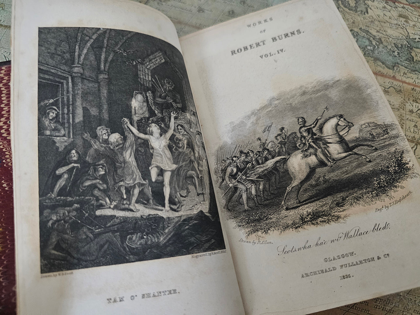 1837 The Works of Robert Burns in Five Volumes / Archibald Fullarton & Co., Glasgow / Leather Bindings / Illustrated Frontispieces