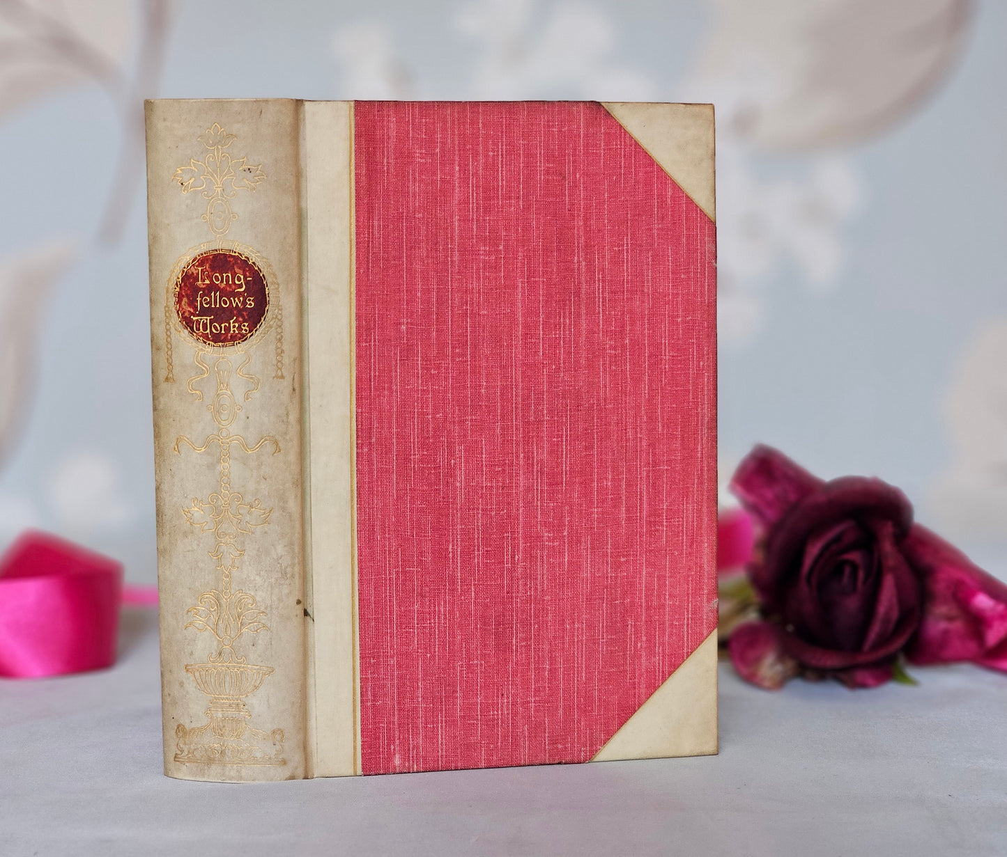 1910 The Poetical Works of Longfellow / SPCK London / Lovely Vellum Decorative Binding / Pink Cloth Covered Boards / In Good Condition