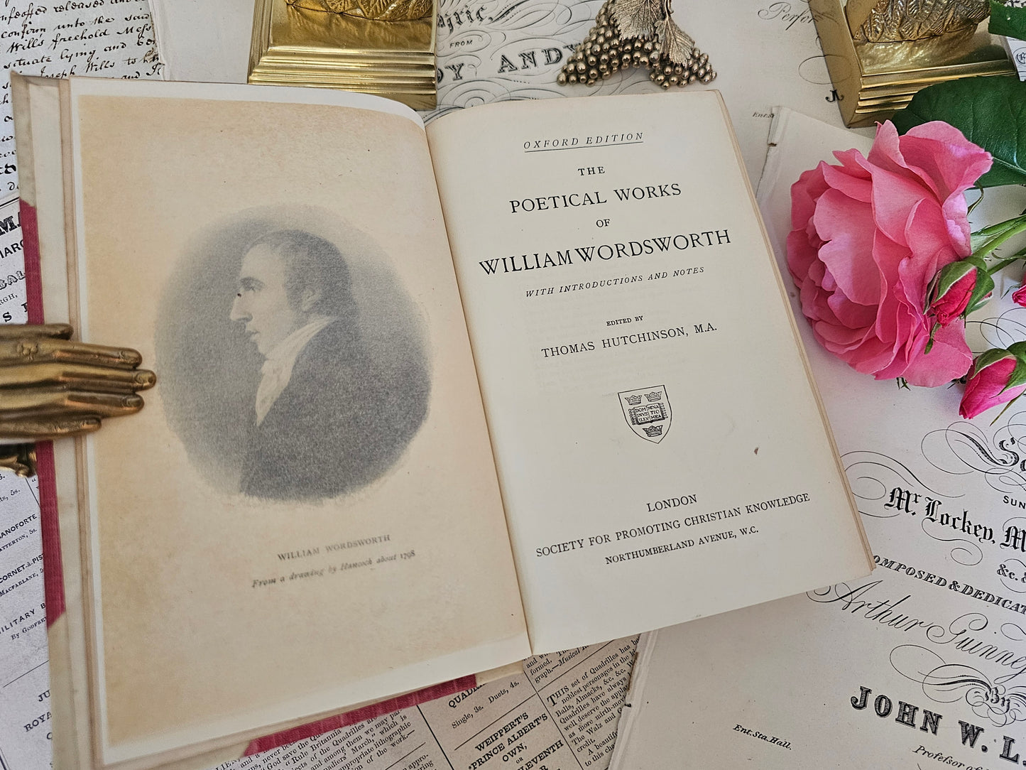 1910 The Poetical Works of William Wordsworth / SPCK London / Lovely Vellum Decorative Binding / Pink Cloth Covered Boards / Good Condition