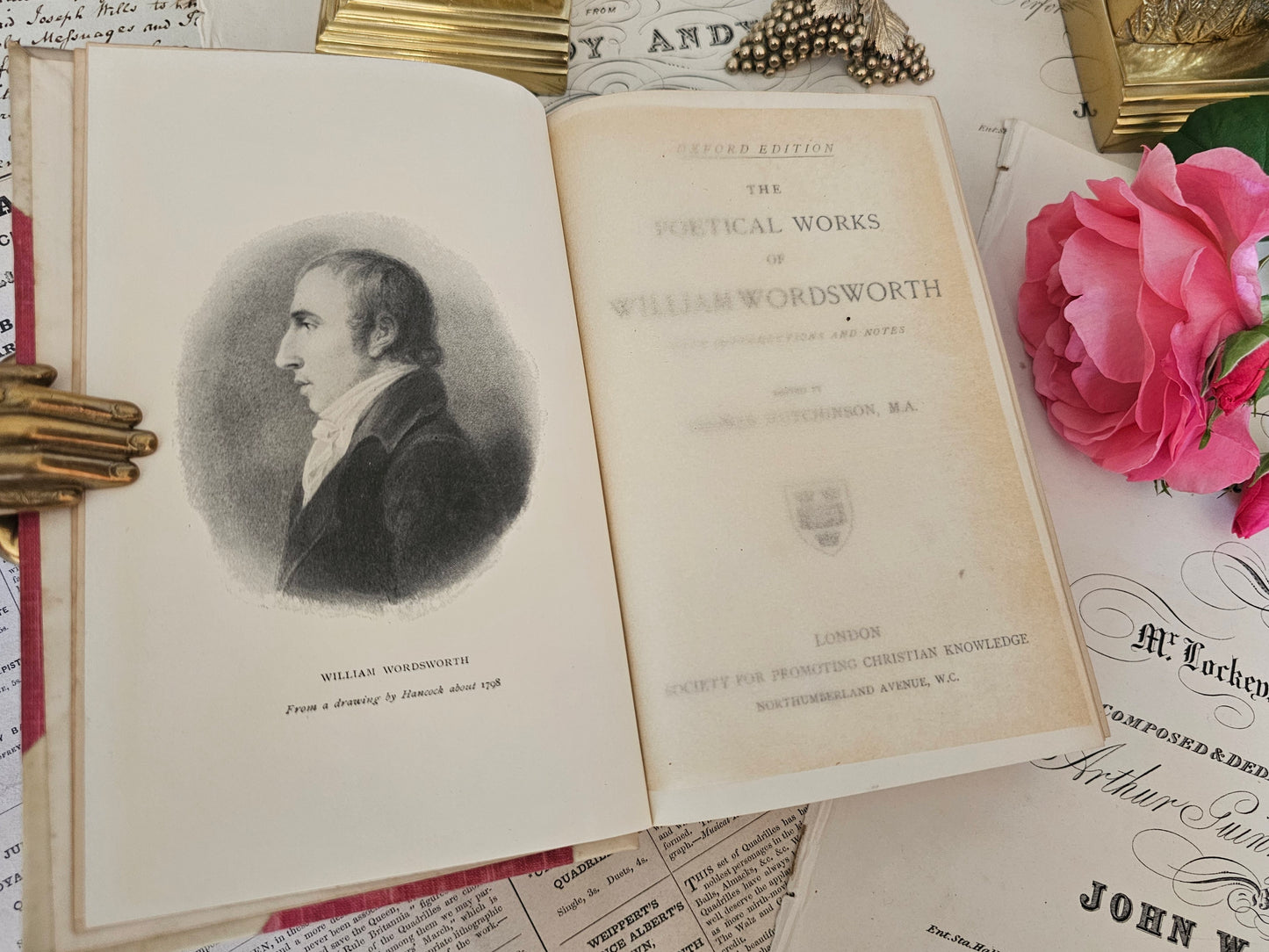 1910 The Poetical Works of William Wordsworth / SPCK London / Lovely Vellum Decorative Binding / Pink Cloth Covered Boards / Good Condition