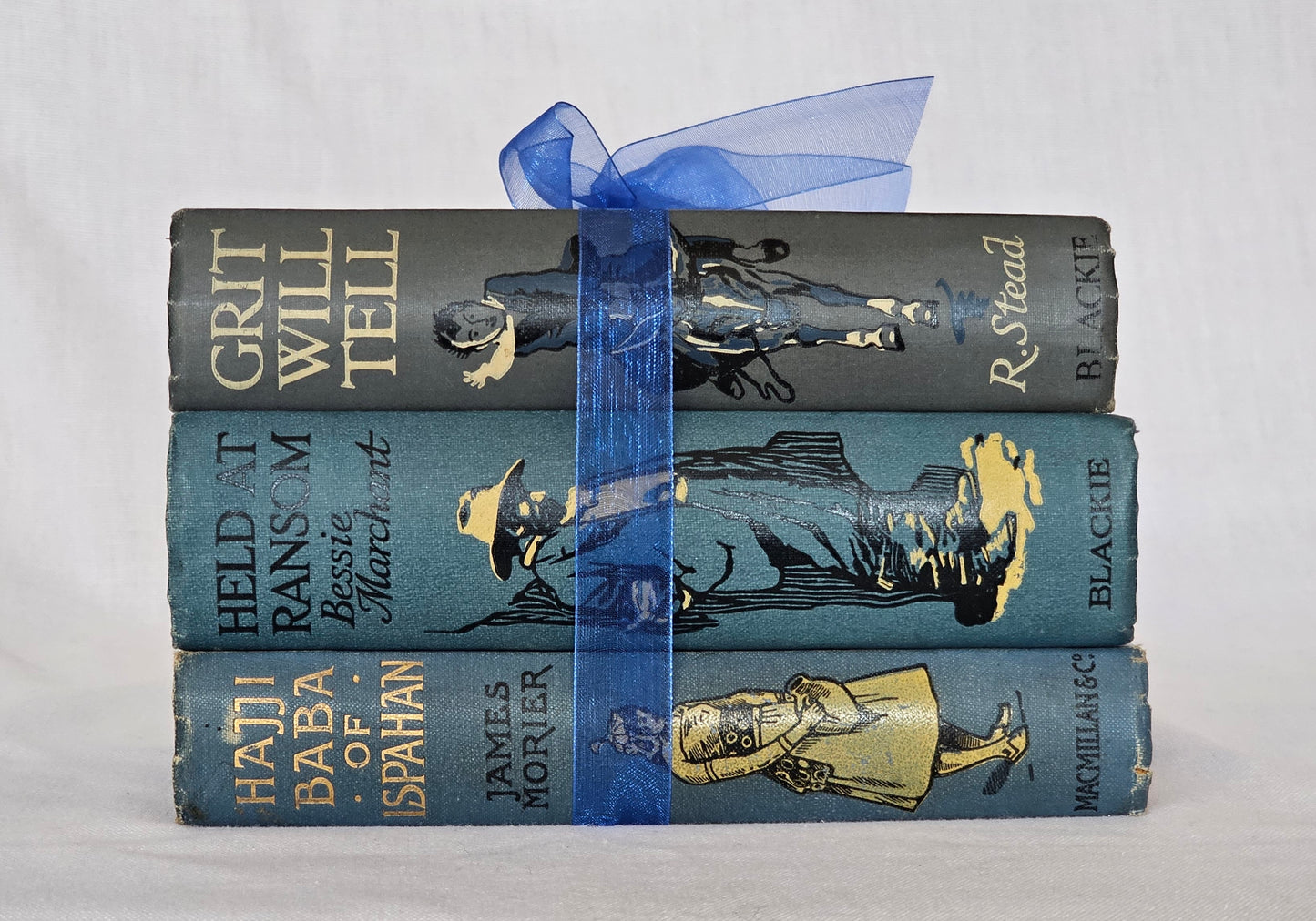 Antique Book Trio Set in Blue / Three Beautiful Decorative Books / Decor / Instant Novel Library / Historical Adventure Stories