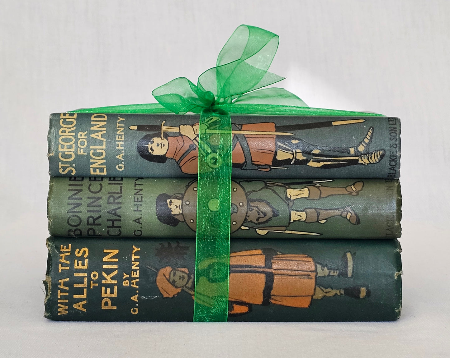 Antique Book Trio Set in Green / Three Beautiful Decorative Books / Decor / Instant Novel Library / Historical Adventure Stories by Henty