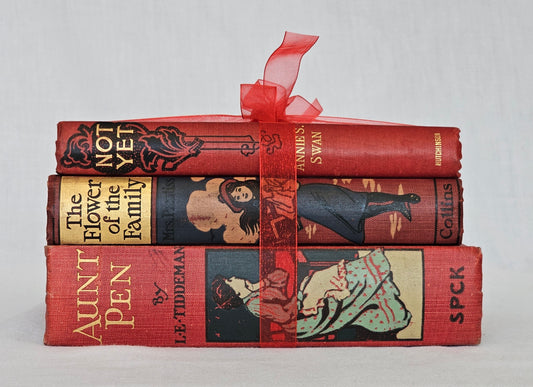 Antique Book Trio Set in Red / Three Beautiful Decorative Books / Decor / Instant Novel Library / Fiction From the 1910s