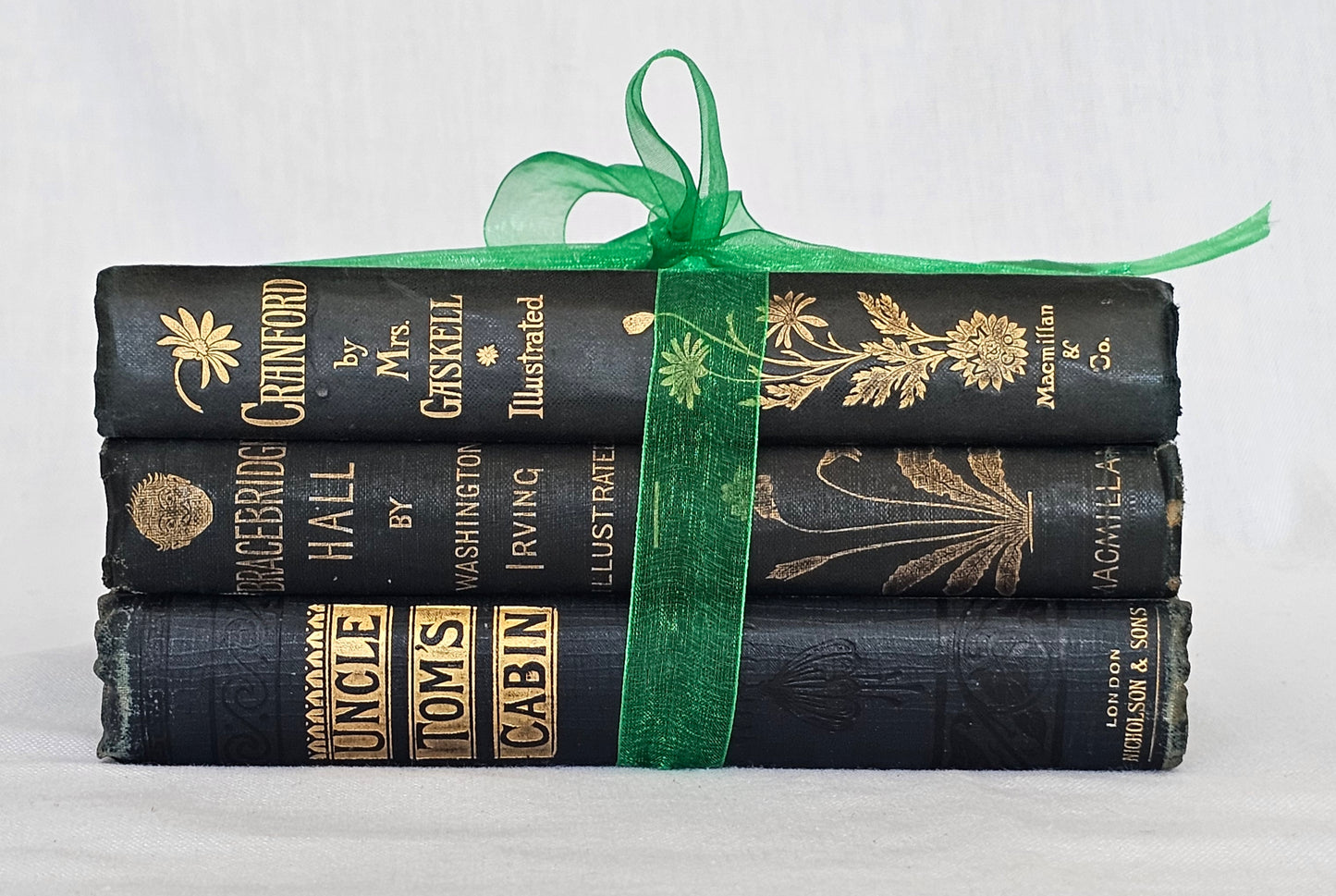 Antique Book Trio Set in Green / Three Beautiful Decorative Books / Decor / Instant Novel Library / Classic Fiction