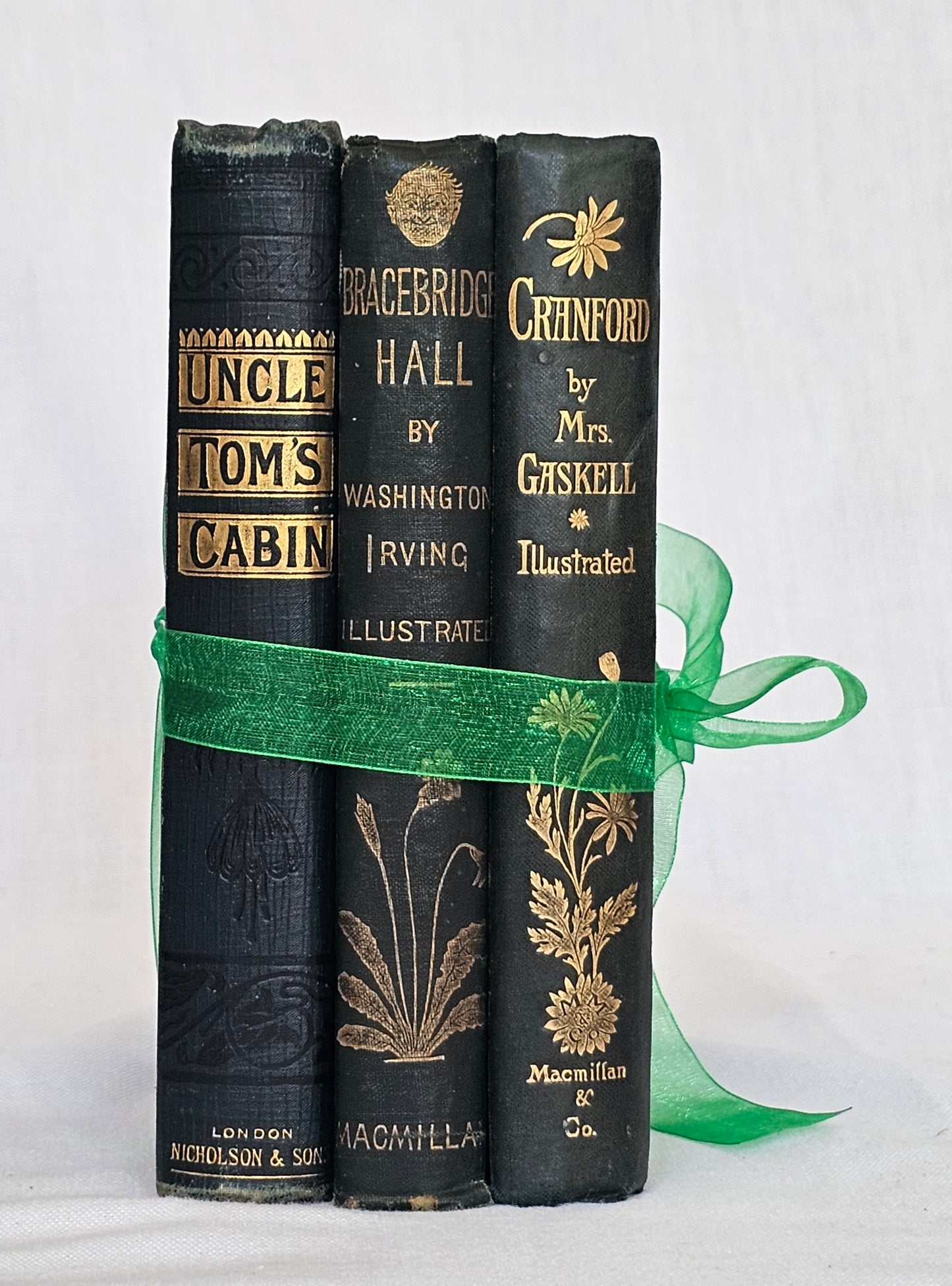 Antique Book Trio Set in Green / Three Beautiful Decorative Books / Decor / Instant Novel Library / Classic Fiction