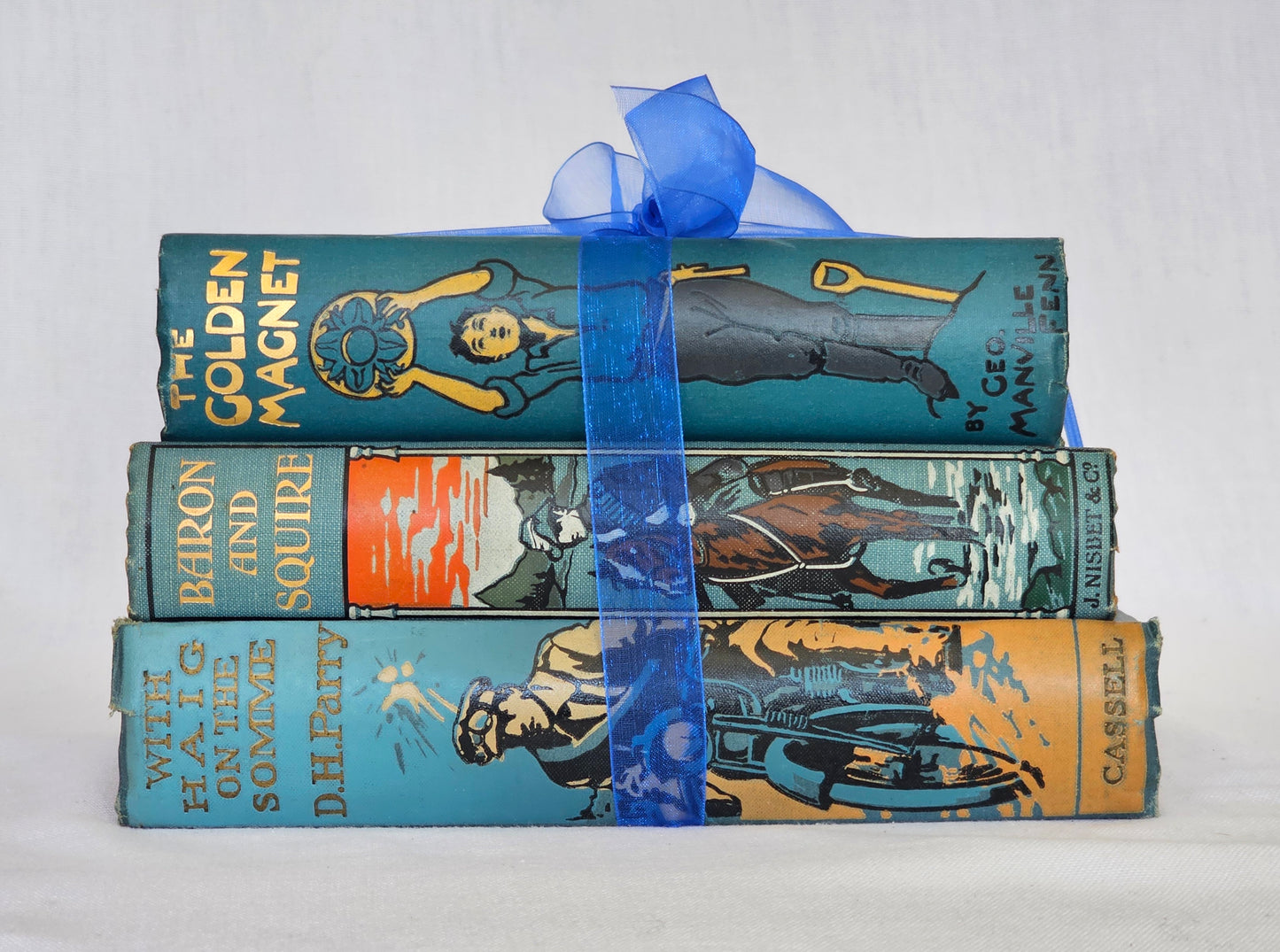 Antique Book Trio Set in Blue / Three Beautiful Decorative Books / Decor / Instant Novel Library / Historical Adventure Stories