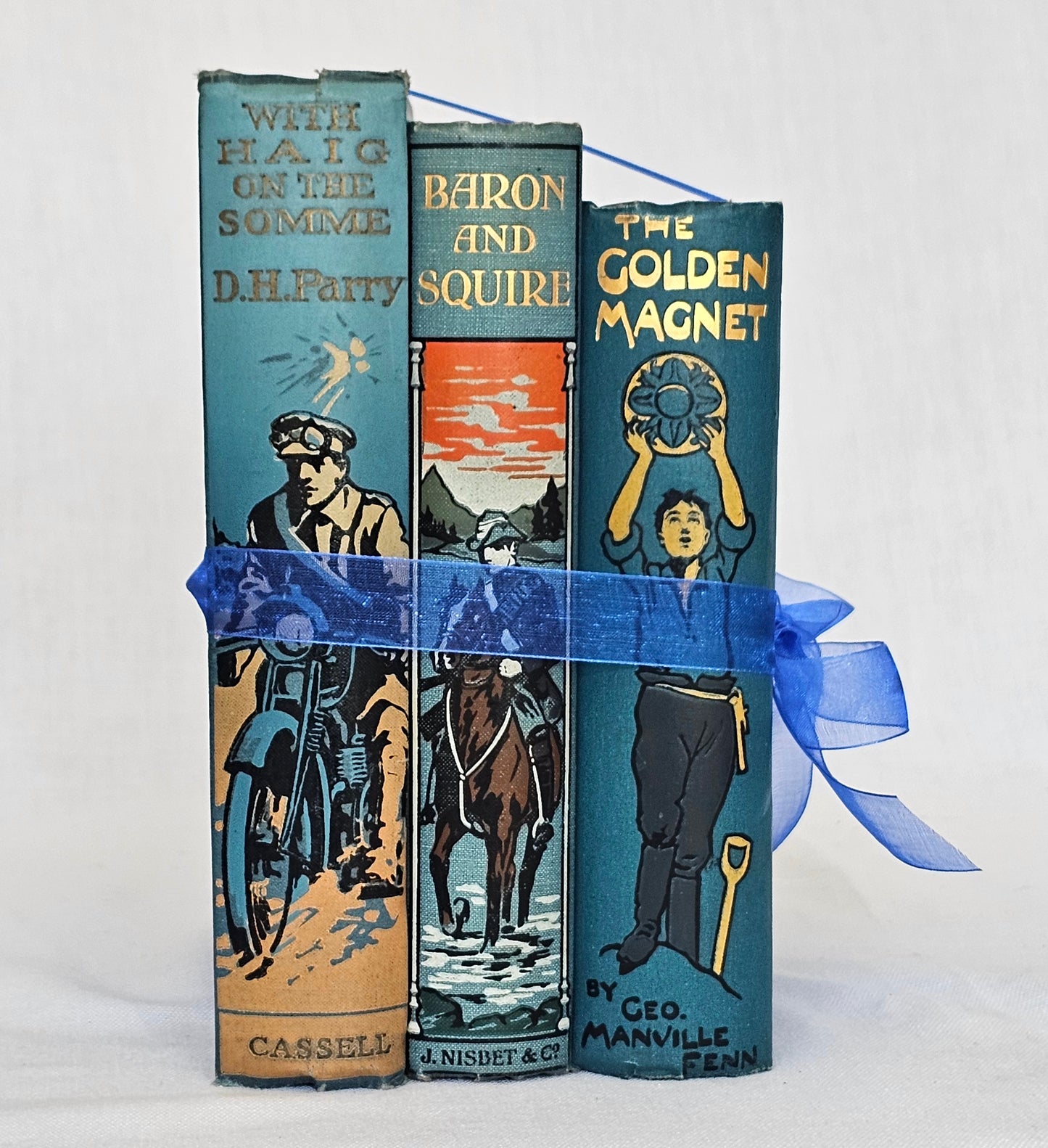 Antique Book Trio Set in Blue / Three Beautiful Decorative Books / Decor / Instant Novel Library / Historical Adventure Stories