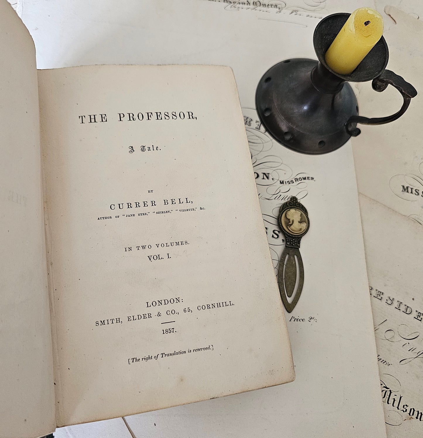 FIRST EDITION The Professor by Currer Bell (Charlotte Bronte) / 1857 Smith, Elder & Co. London / Re-backed / In Good Condition / First Issue