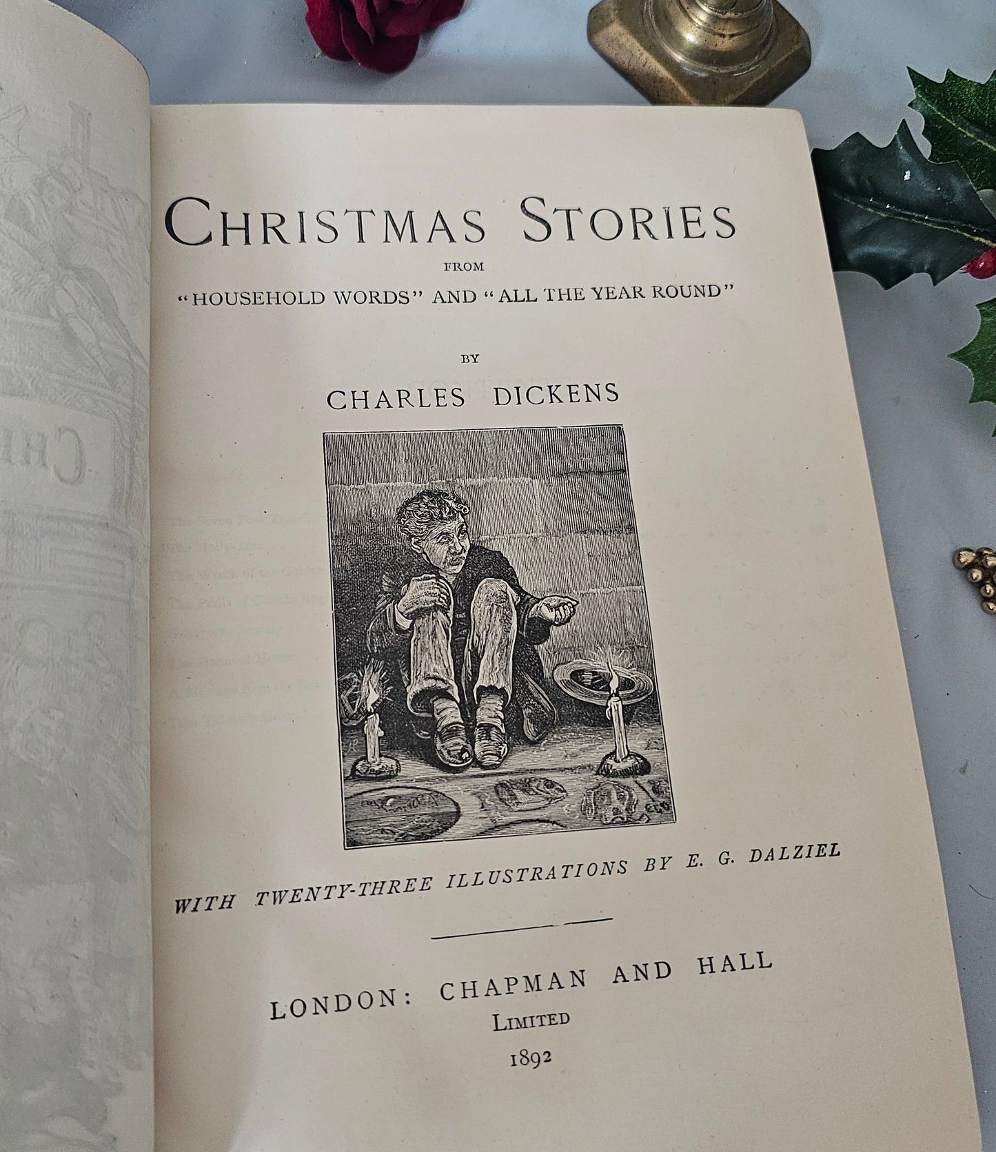 1892 Christmas Stories by Charles Dickens / NB Does NOT Include The Longer Novella A Christmas Carol / Antique Book / Leather / Large Format