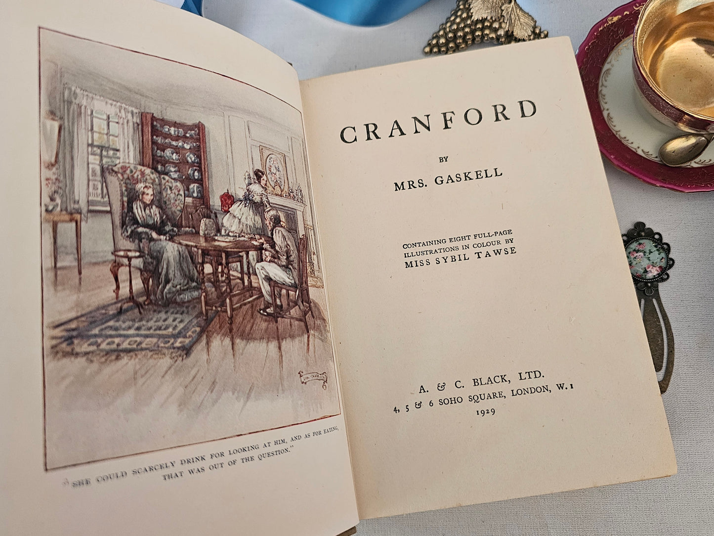 1929 Cranford by Elizabeth Gaskell / A & C Black, London / Eight Lovely Colour Illustrations by Sybil Tawse / Charming Vintage Book