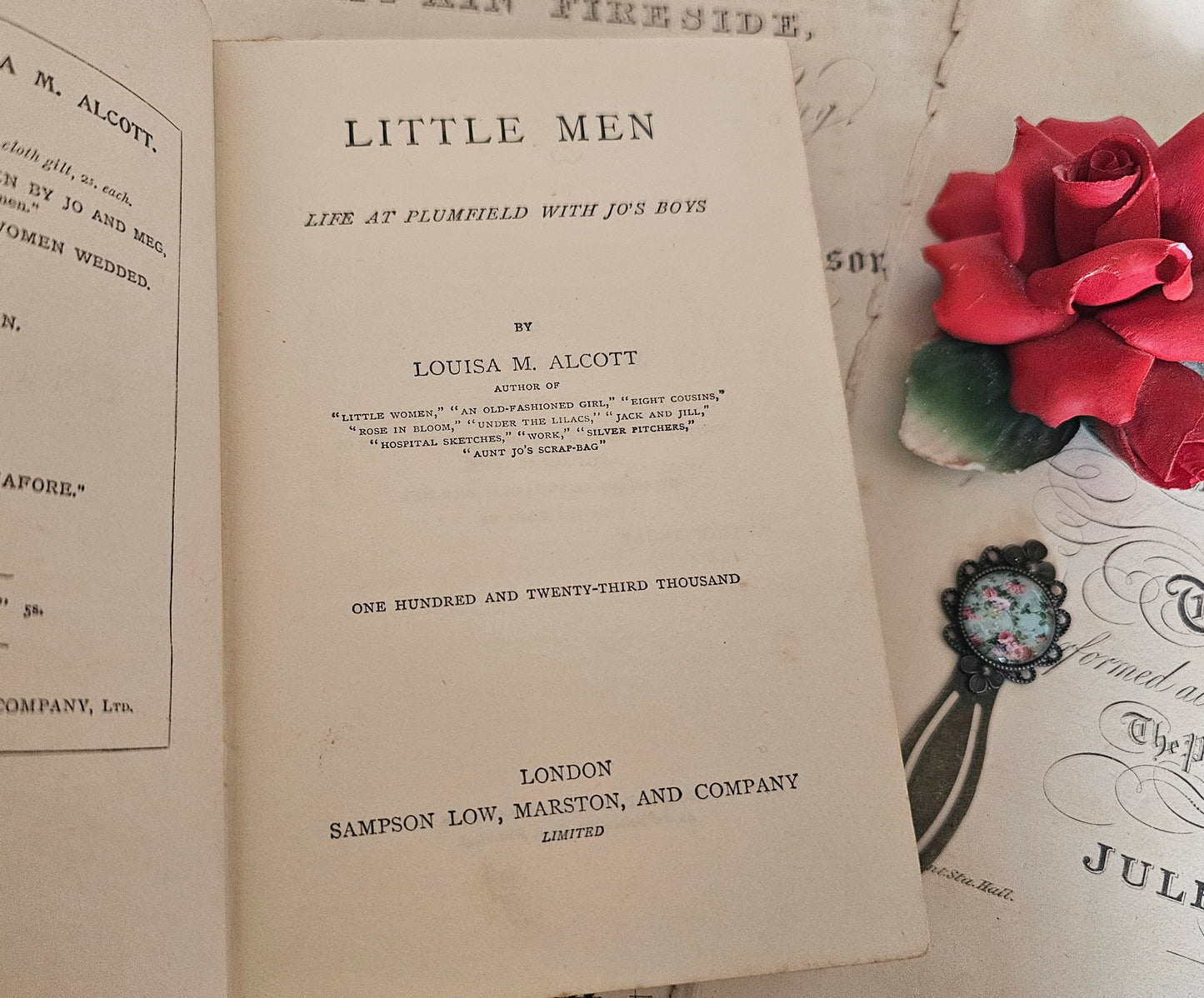 1910s Little Men by Louisa May Alcott / Sampson Low, Marston and Company, London / Decorative Boards / Antique Book In Good Condition