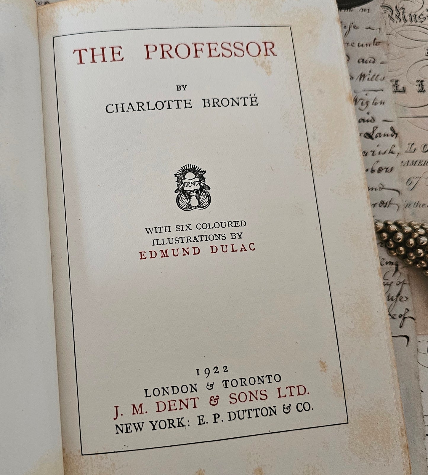 1922 The Professor by Charlotte Bronte / JM Dent & Sons, London / Six Delightful Colour Plates by Edmund Dulac / Unread, Very Good Condition