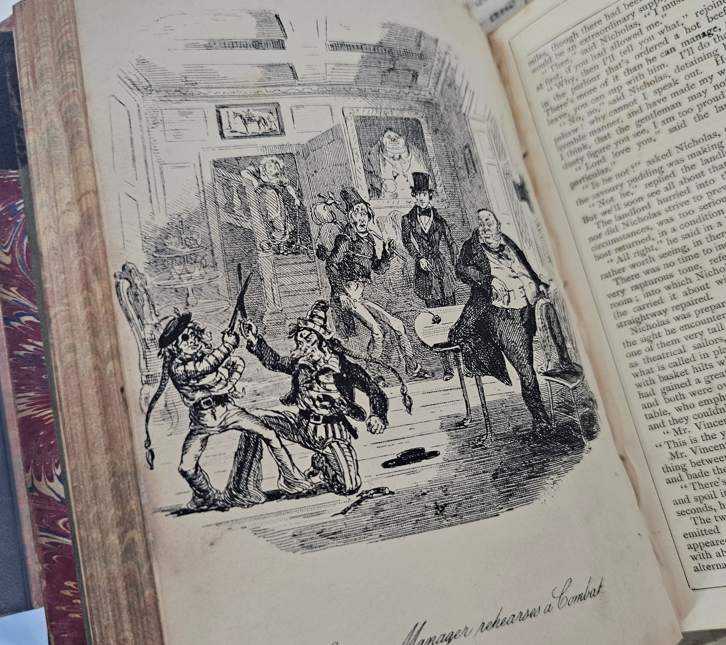 1880s Antique Novel Set of Three Volumes by Charles Dickens / Bleak House, Dombey & Son, Nicholas Nickleby / Leather Bindings / Illustrated