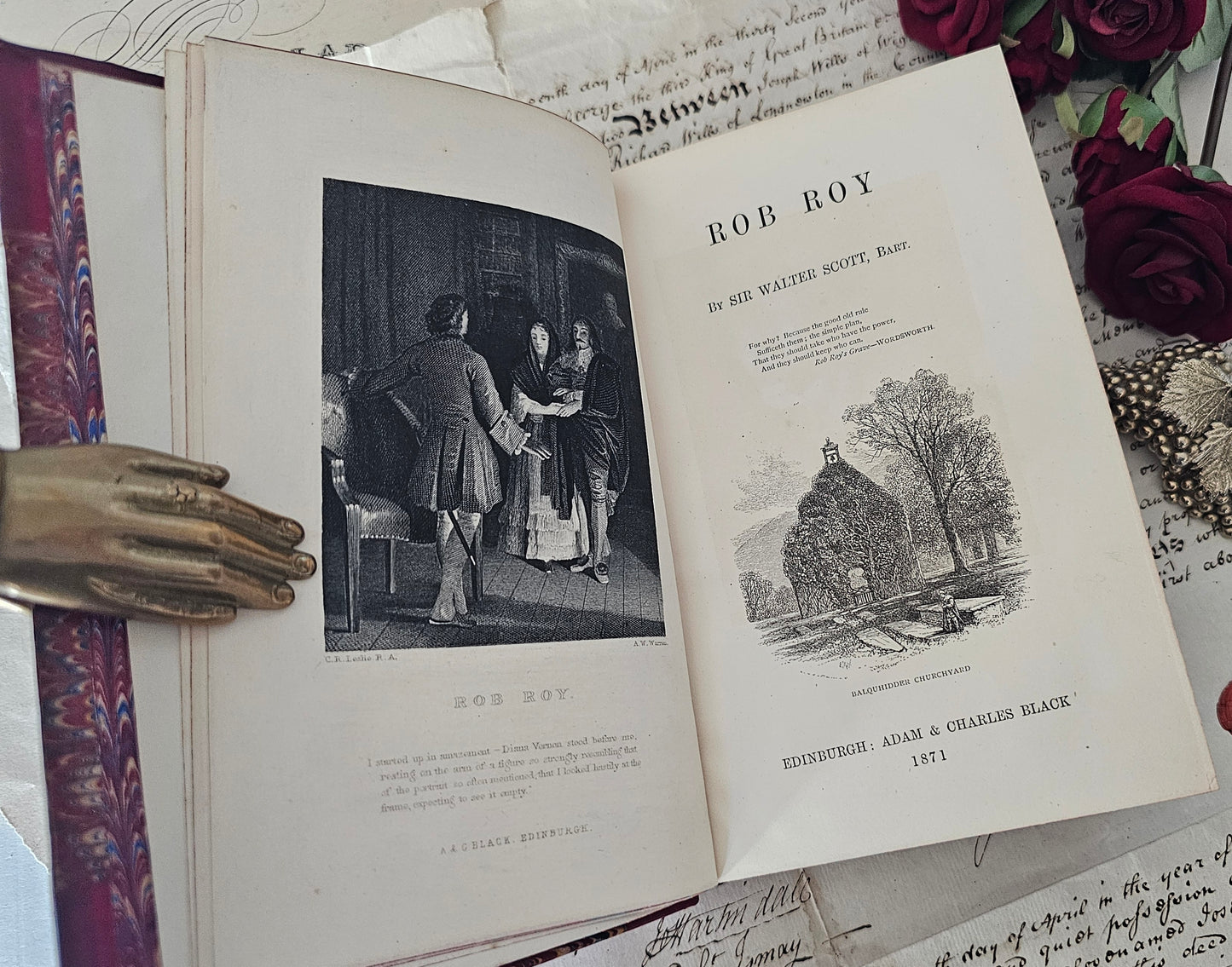 1871 Rob Roy by Sir Walter Scott / A & C Black, Edinburgh / Illustrated Antique Book / Leather Binding / Marbled Page Edges and Endpapers