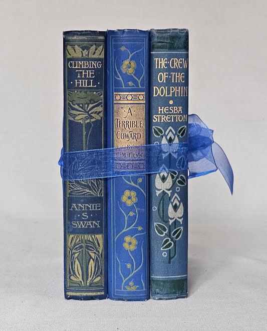 Antique Book Trio Set in Blue / Three Beautiful Decorative Books / Decor / Instant Novel Library / Fiction Set / Spines / Book Sets