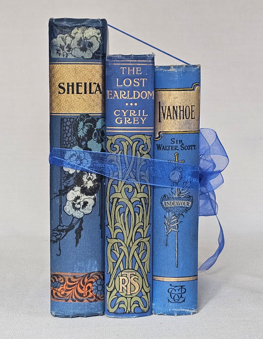 Antique Book Trio Set in Blue / Three Beautiful Decorative Books / Decor / Instant Novel Library / Fiction Set / Spines / Book Sets