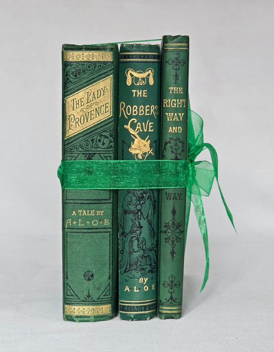 Antique Book Trio Set in Green / Three Beautiful Decorative Books / Decor / Instant Novel Library / Classic Victorian Fiction / Spines