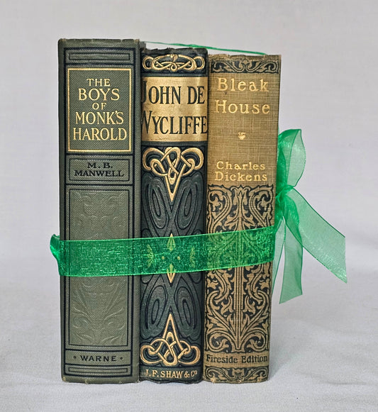 Antique Book Trio Set in Green / Three Beautiful Decorative Books / Decor / Instant Novel Library / Classic Fiction and History / Spines