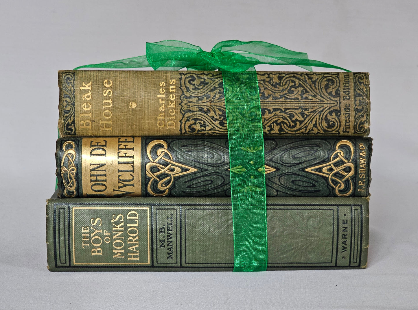 Antique Book Trio Set in Green / Three Beautiful Decorative Books / Decor / Instant Novel Library / Classic Fiction and History / Spines