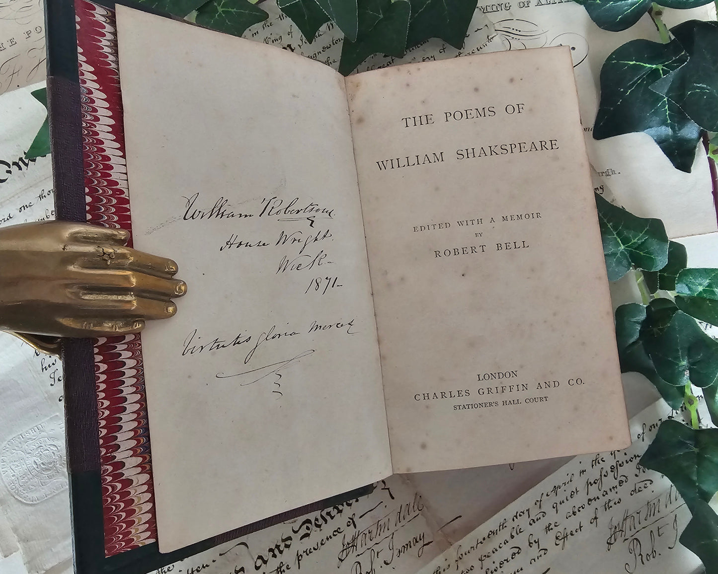 1871 The Poems of William Shakespeare, Ben Jonson, Christopher Marlowe and Robert Greene / Charles Griffin & Co., London / Leather Binding