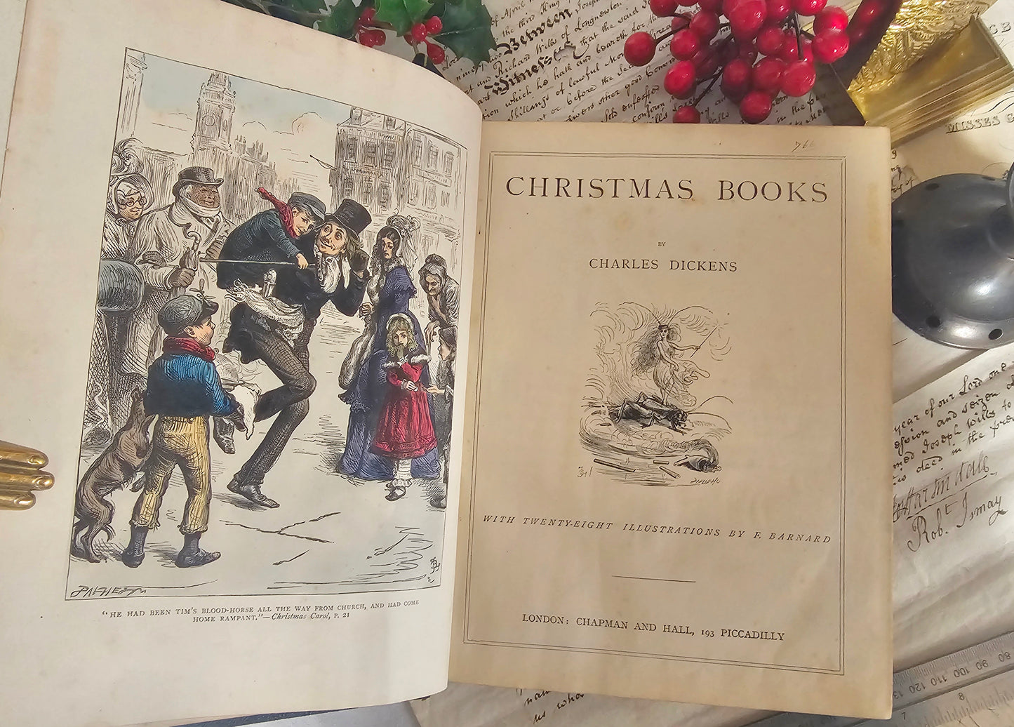 1880s Christmas Books and Other Stories by Charles Dickens / A Christmas Carol etc. / Old Leather Binding / Antique Book / Colour Plates