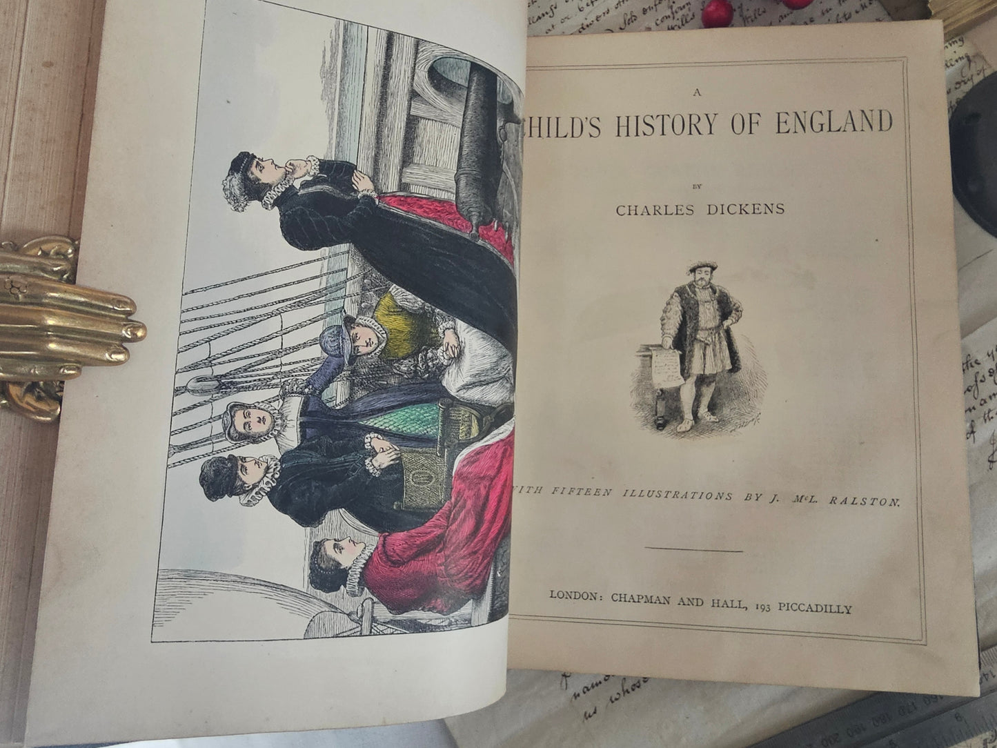 1880s Christmas Books and Other Stories by Charles Dickens / A Christmas Carol etc. / Old Leather Binding / Antique Book / Colour Plates