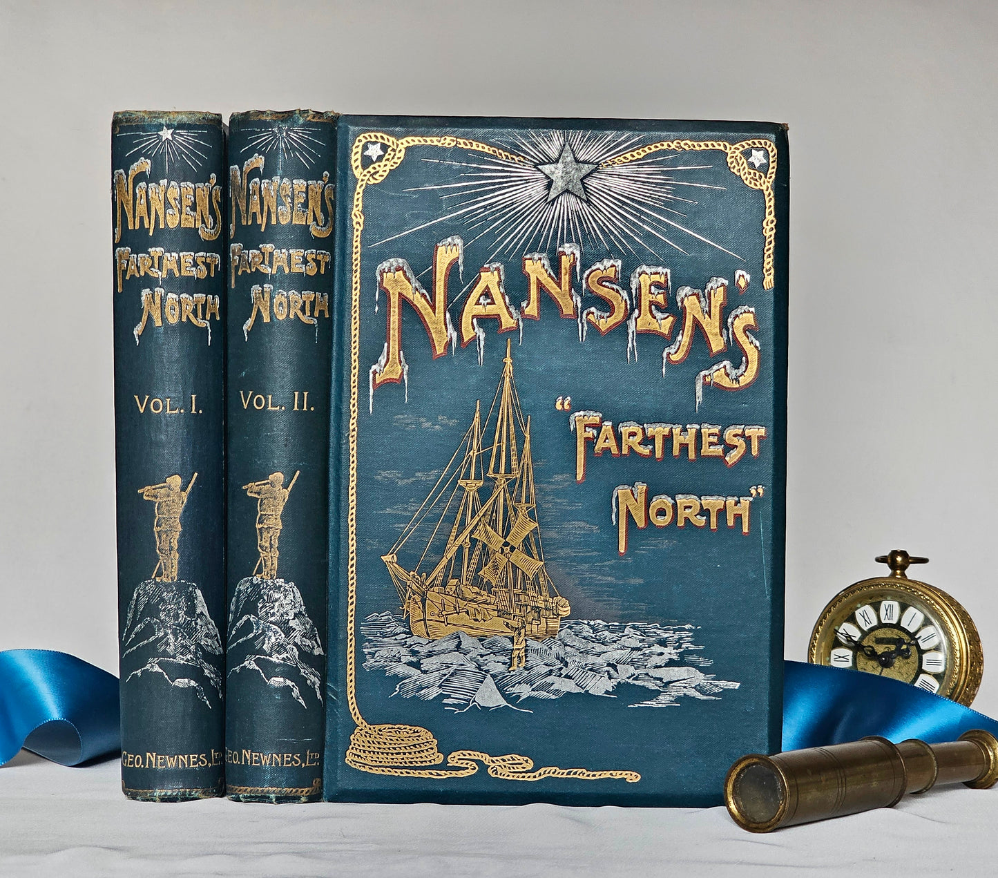 1898 Farthest North by Fridtjof Nansen in Two Volumes / George Newnes, London / Beautifully Bound / Numerous Illustrations and Fold-Out Map