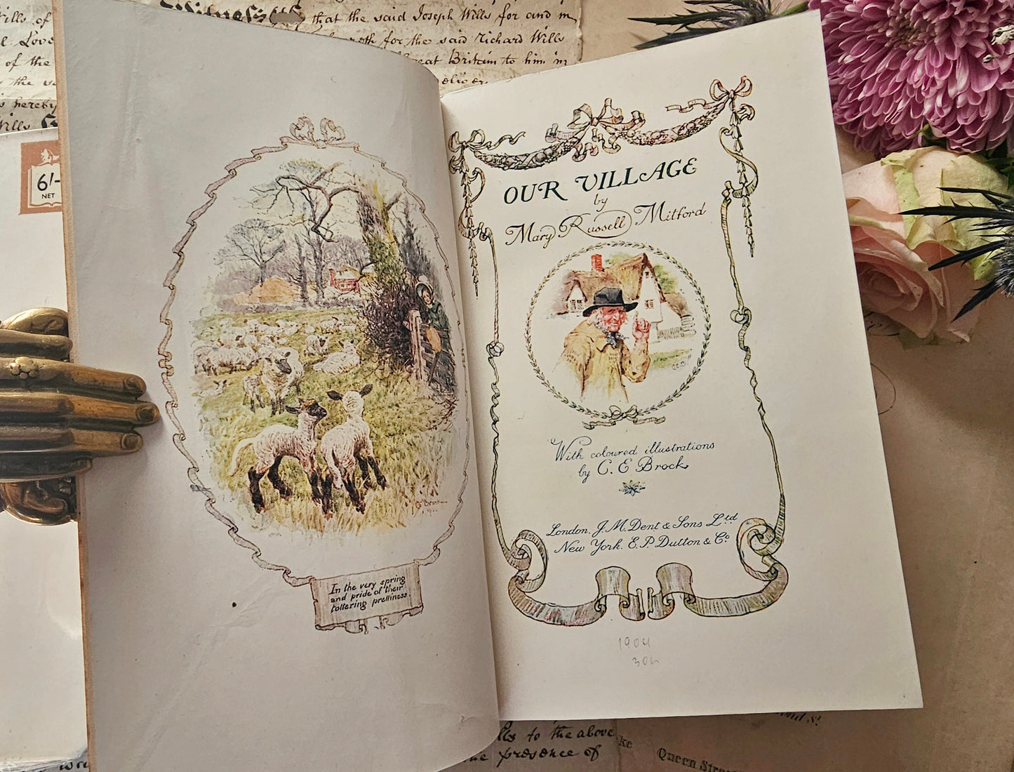 1904 Our Village by Mary Russell Mitford / Beautiful Decorative Antique Edition With Scarce Dust Wrapper / 16 Illustrations by CE Brock