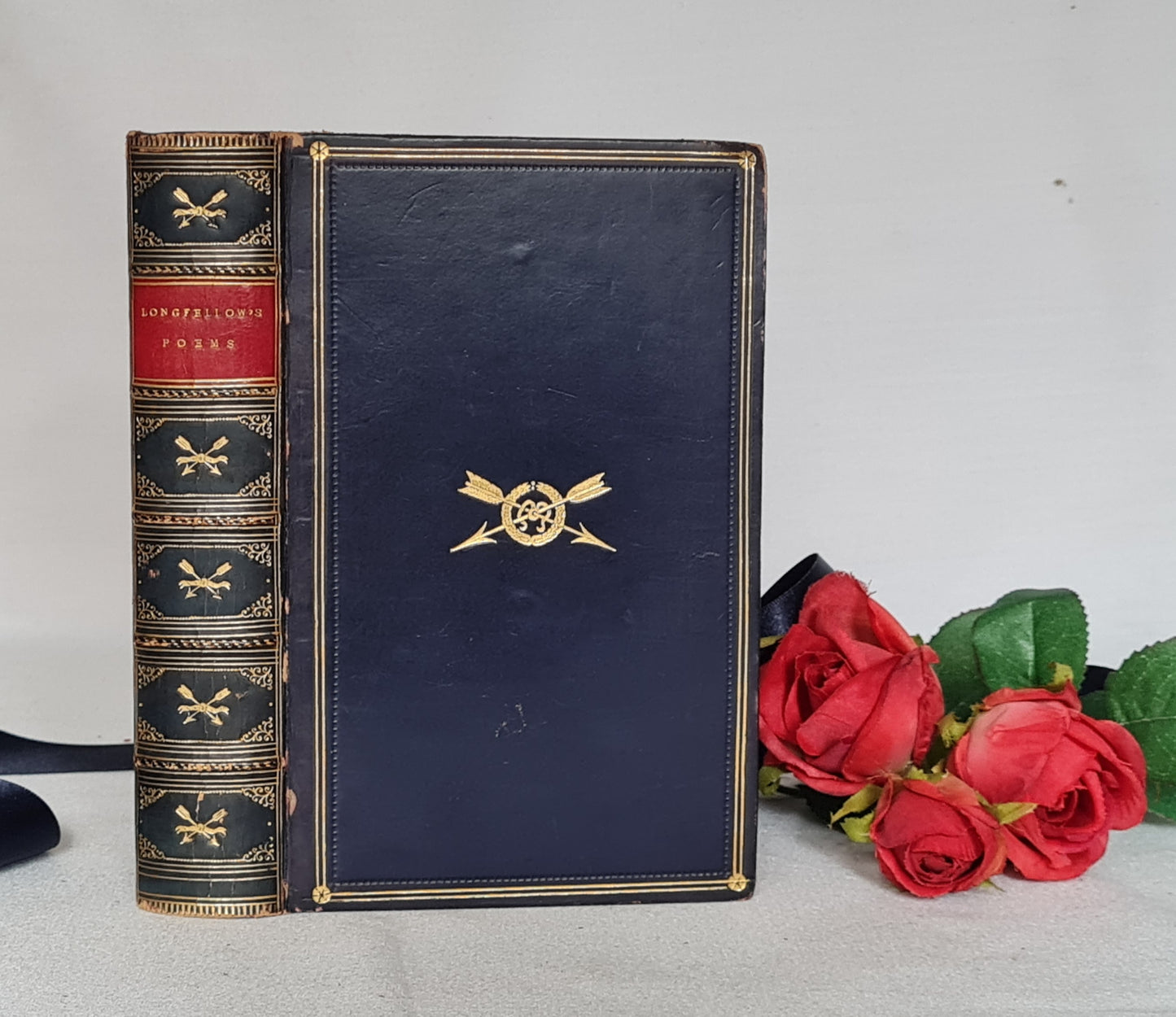 1885 Poems by Henry W Longfellow / David Bogue, London / Beautiful Full Blue Leather Binding / Marbled Sides and Endpapers / Illustrated