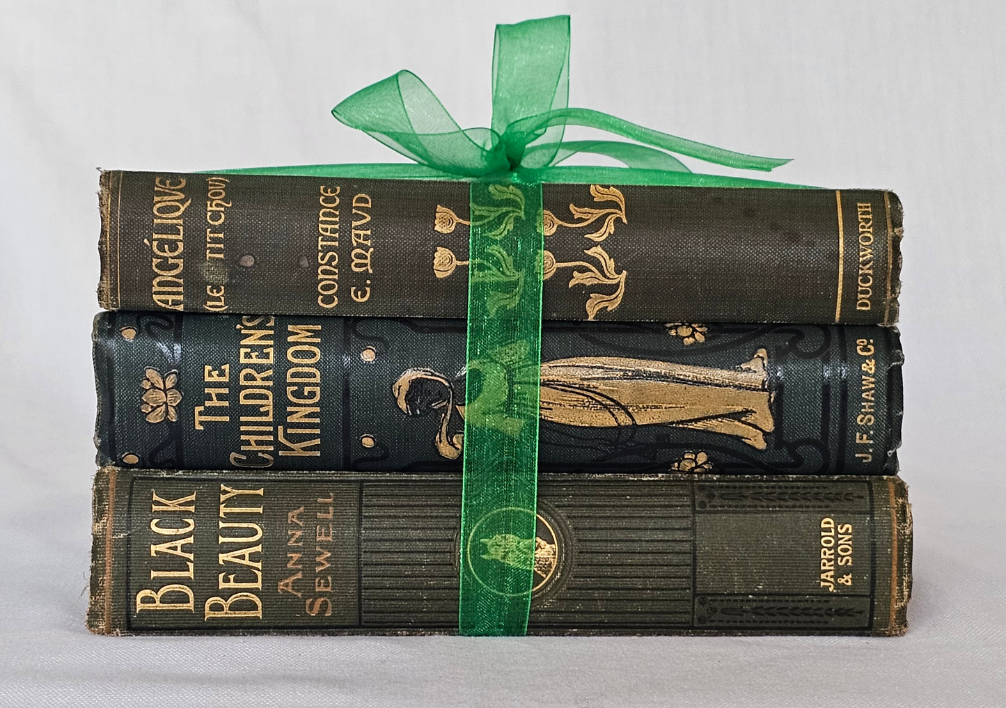 Antique Book Trio Set in Green / Three Beautiful Decorative Books / Decor / Instant Novel Library / Classic Fiction