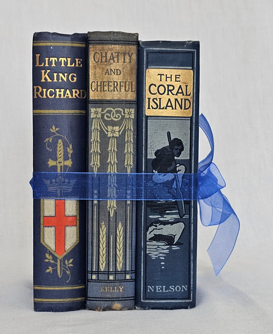 Antique Book Trio Set in Blue / Three Beautiful Decorative Books / Decor / Instant Novel Library / Exciting Tales of Adventure