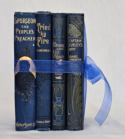 Antique Book Set in Blue / Four Beautiful Decorative Books / Decor / Instant Novel Library / Fiction and Religion