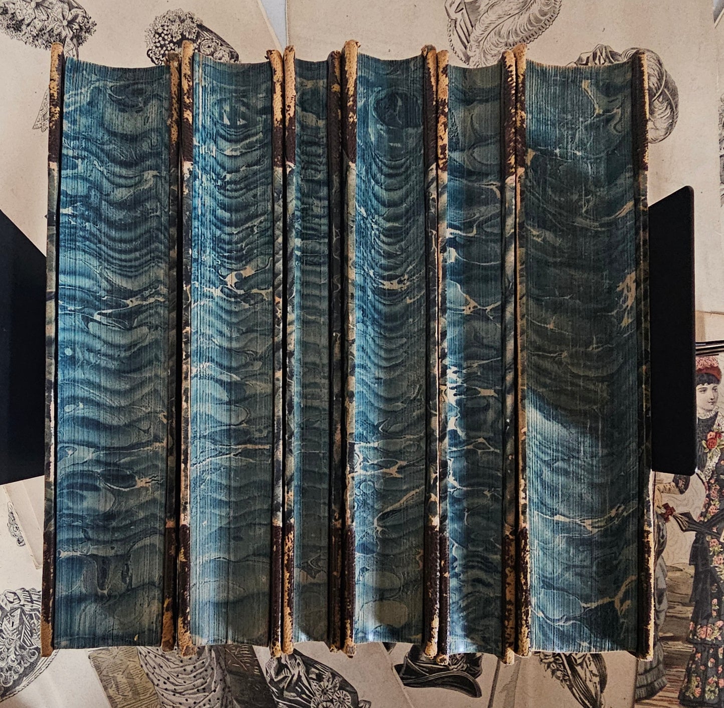 1890 The Novels of George Eliot in Six Volumes / William Blackwood, London / Bound in Leather With Blue Marbled Sides and Endpapers