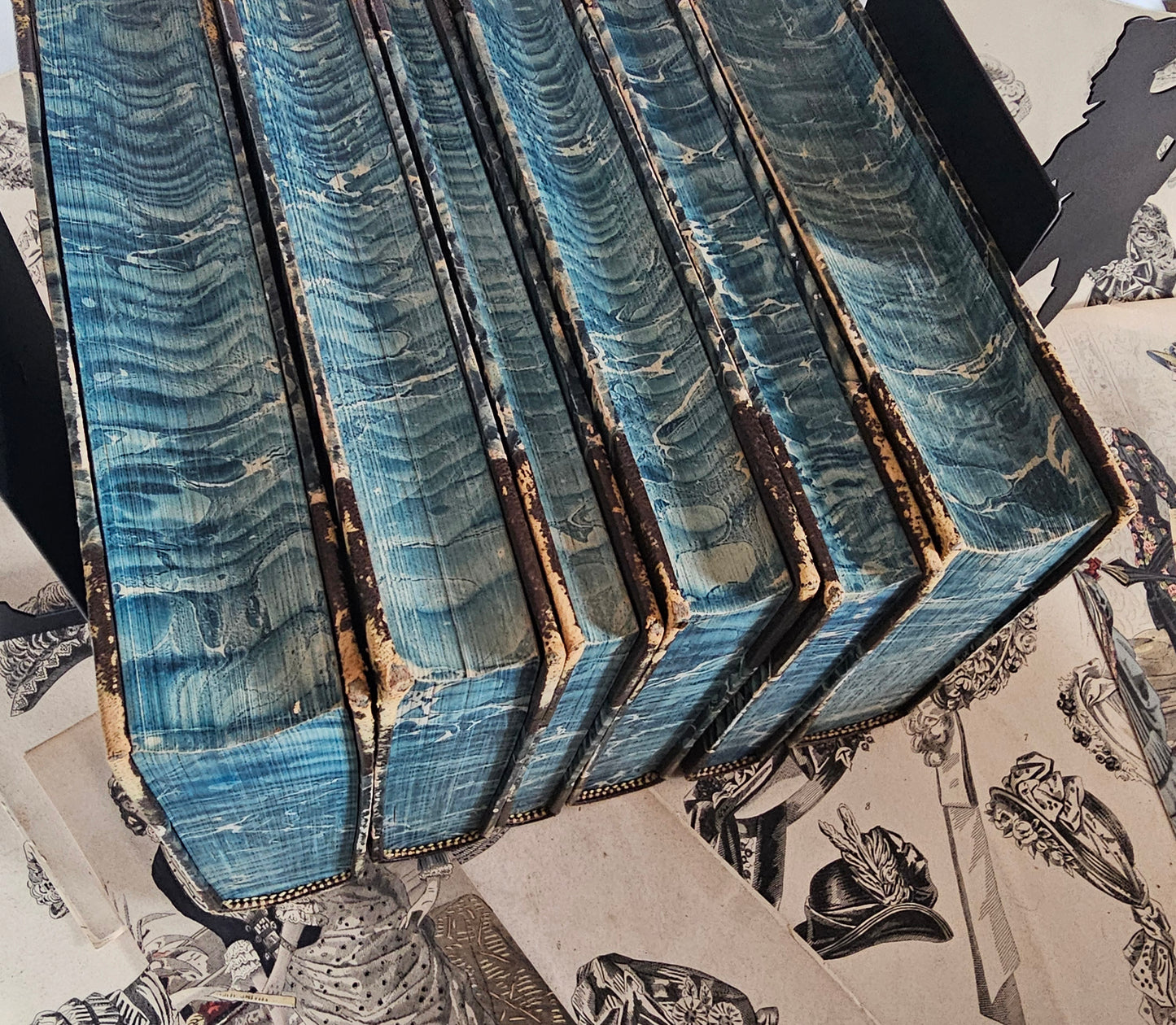 1890 The Novels of George Eliot in Six Volumes / William Blackwood, London / Bound in Leather With Blue Marbled Sides and Endpapers