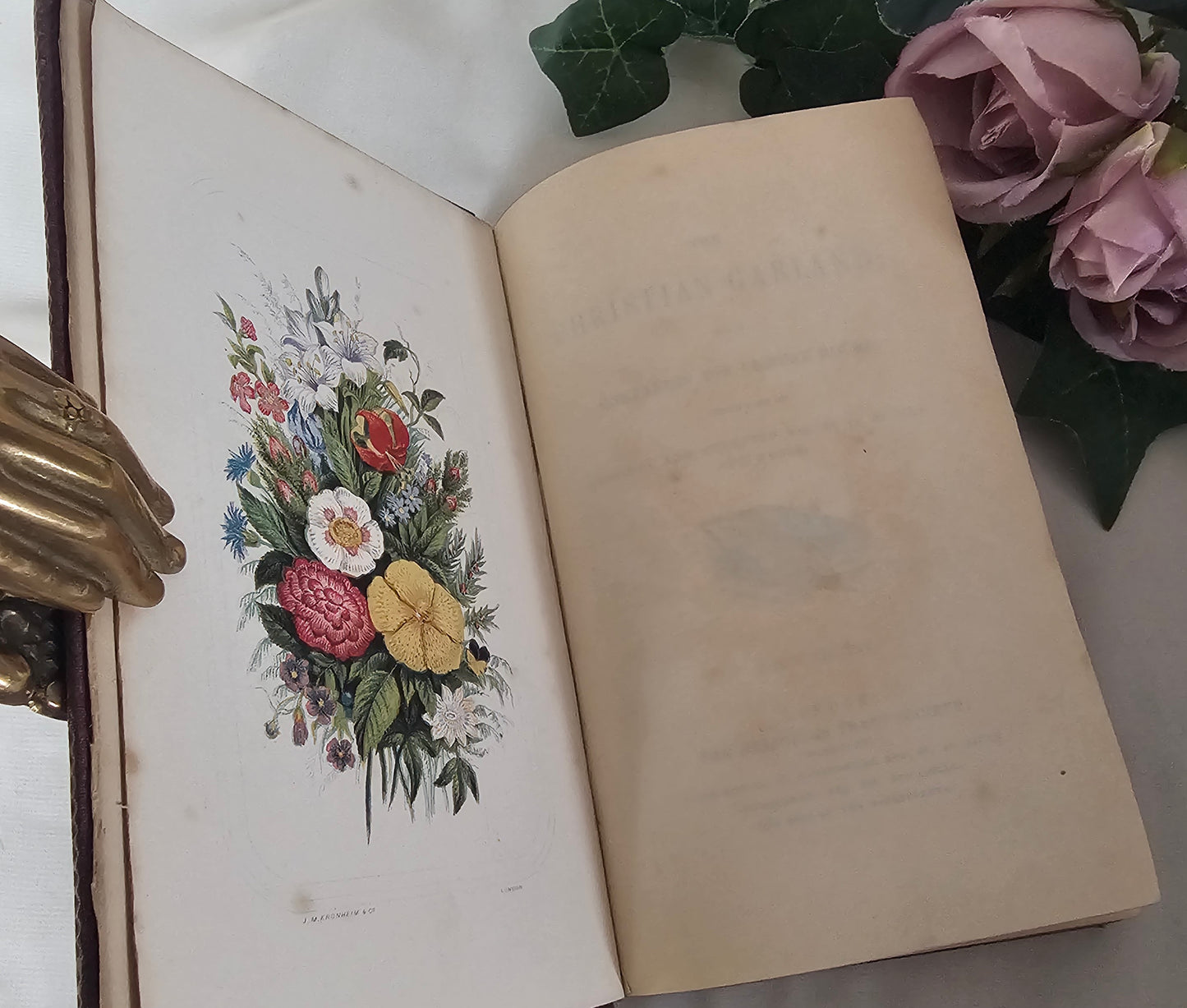 1865 The Christian Garland - A Companion For Leisure Hours / 8 Wonderful Kronheim Colour Plates Featuring Botanical Floral and Nature Scenes