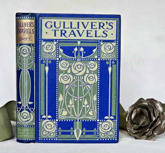 1910 Gulliver's Travels by Jonathan Swift / Beautiful Ethel Larcombe Art Nouveau Designed Boards / Antique Hardback Book In Good Condition