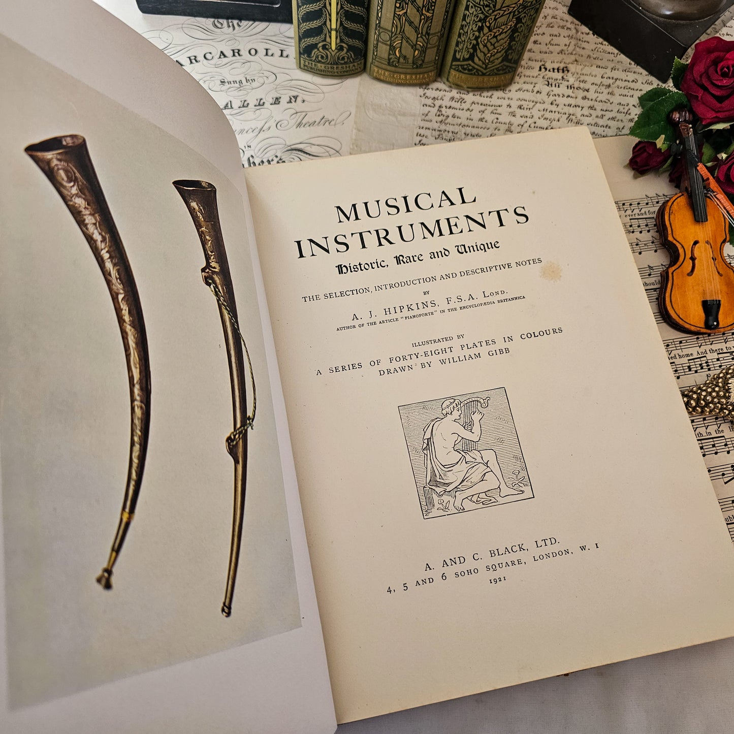 1921 Musical Instruments - Historic, Rare and Unique by AJ Hipkins / A&C Black, London / 48 Beautiful Colour Plates / Large Antique Hardback