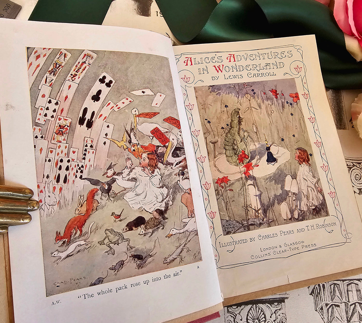 c1908 Alice's Adventures in Wonderland by Lewis Carroll / Illustrated by Pears and Robinson in Colour and Line / Beautiful Pink Antique Book