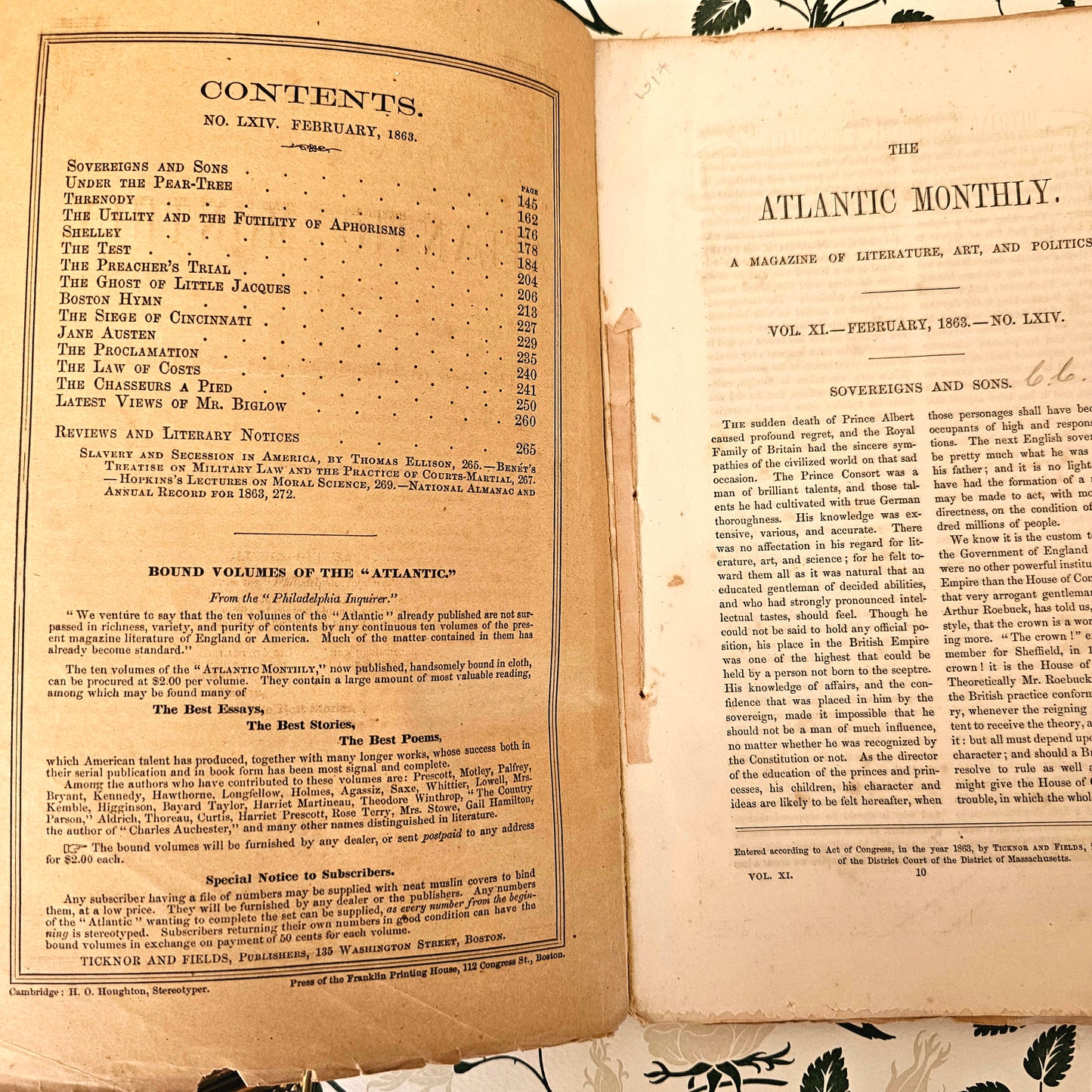 1863 Fascinating Copy of The Atlantic Monthly Featuring Important Publications by Ralph Waldo Emerson and About Jane Austen / No 64 Feb 1863