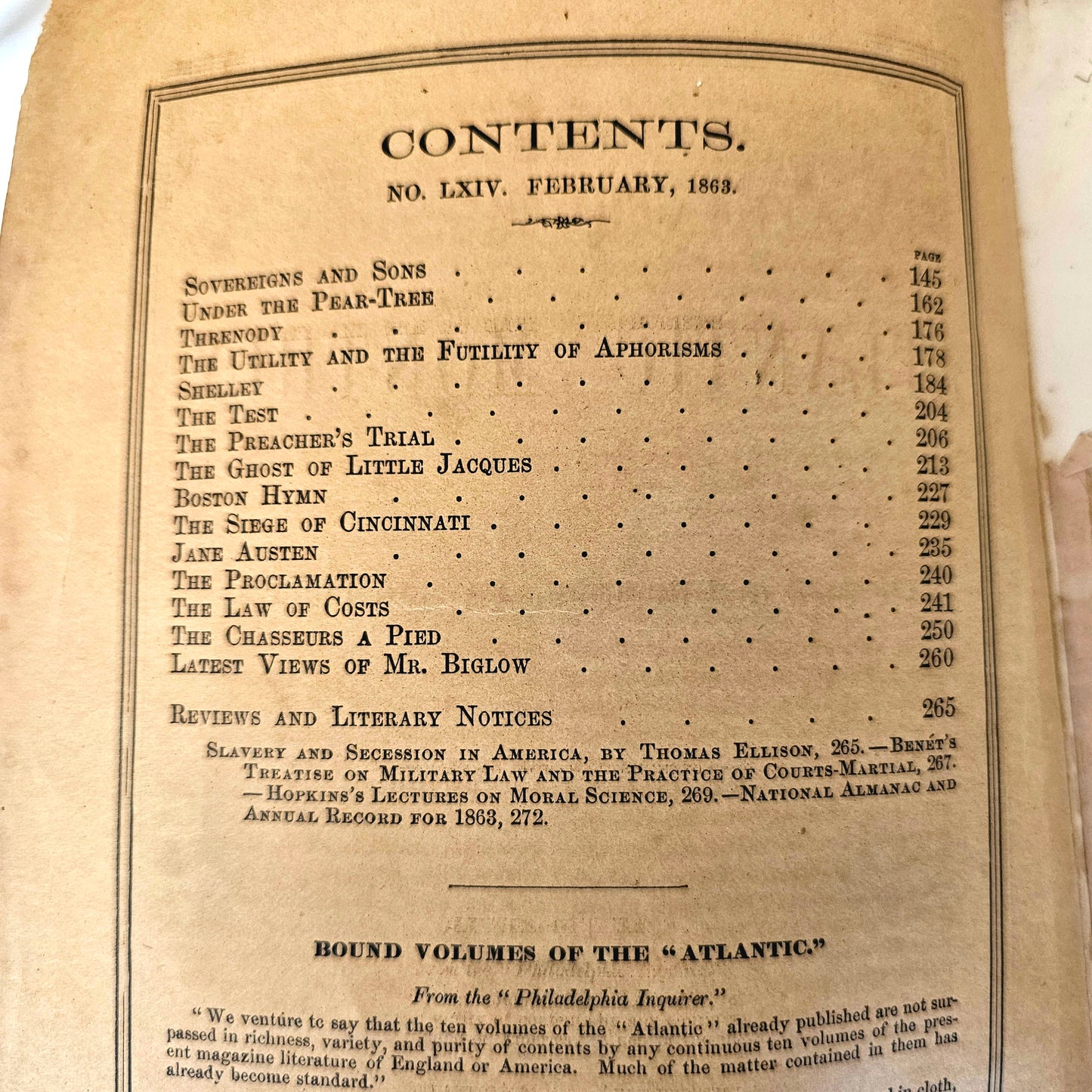 1863 Fascinating Copy of The Atlantic Monthly Featuring Important Publications by Ralph Waldo Emerson and About Jane Austen / No 64 Feb 1863