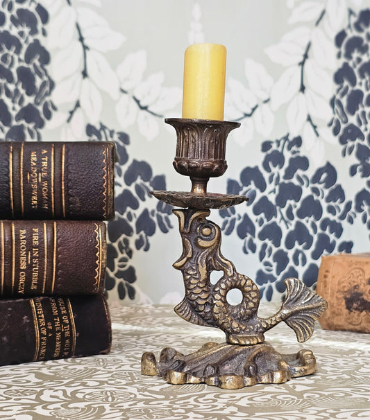 Art Nouveau Antique Brass Fish - Serpent Candlestick / Good Condition / Lovely Aged Patina / Library Nostalgic Era Aesthetic